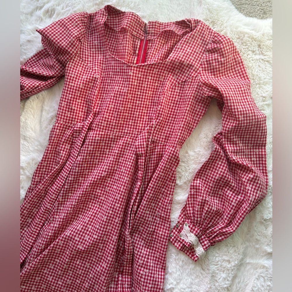 Vintage handmade Red Gingham Long Sleeve Square Neck Dress